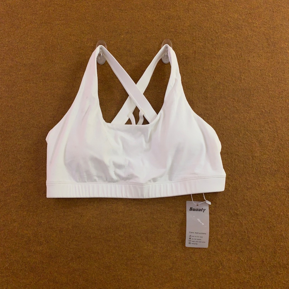 Buauty Womens Large White Cross Back Padded Activewear Sports Bra NWT